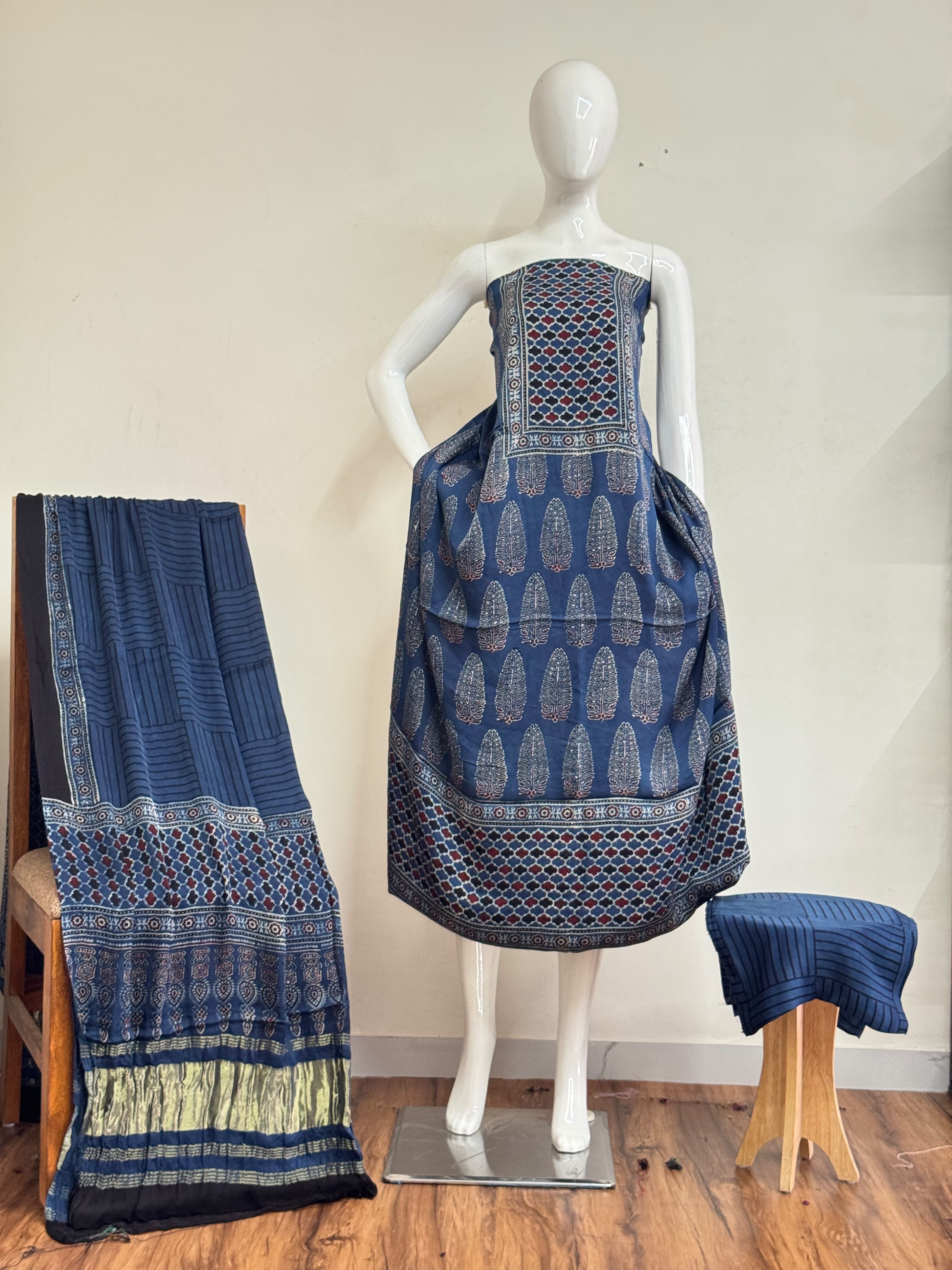 Ajrakh Hand Block Print Natural Dye Pure Modal Silk 3 Piece Suit with Zari Pallu Dupatta