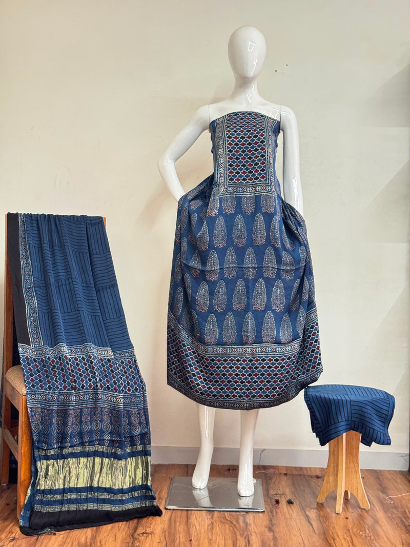 Ajrakh Hand Block Print Natural Dye Pure Modal Silk 3 Piece Suit with Zari Pallu Dupatta