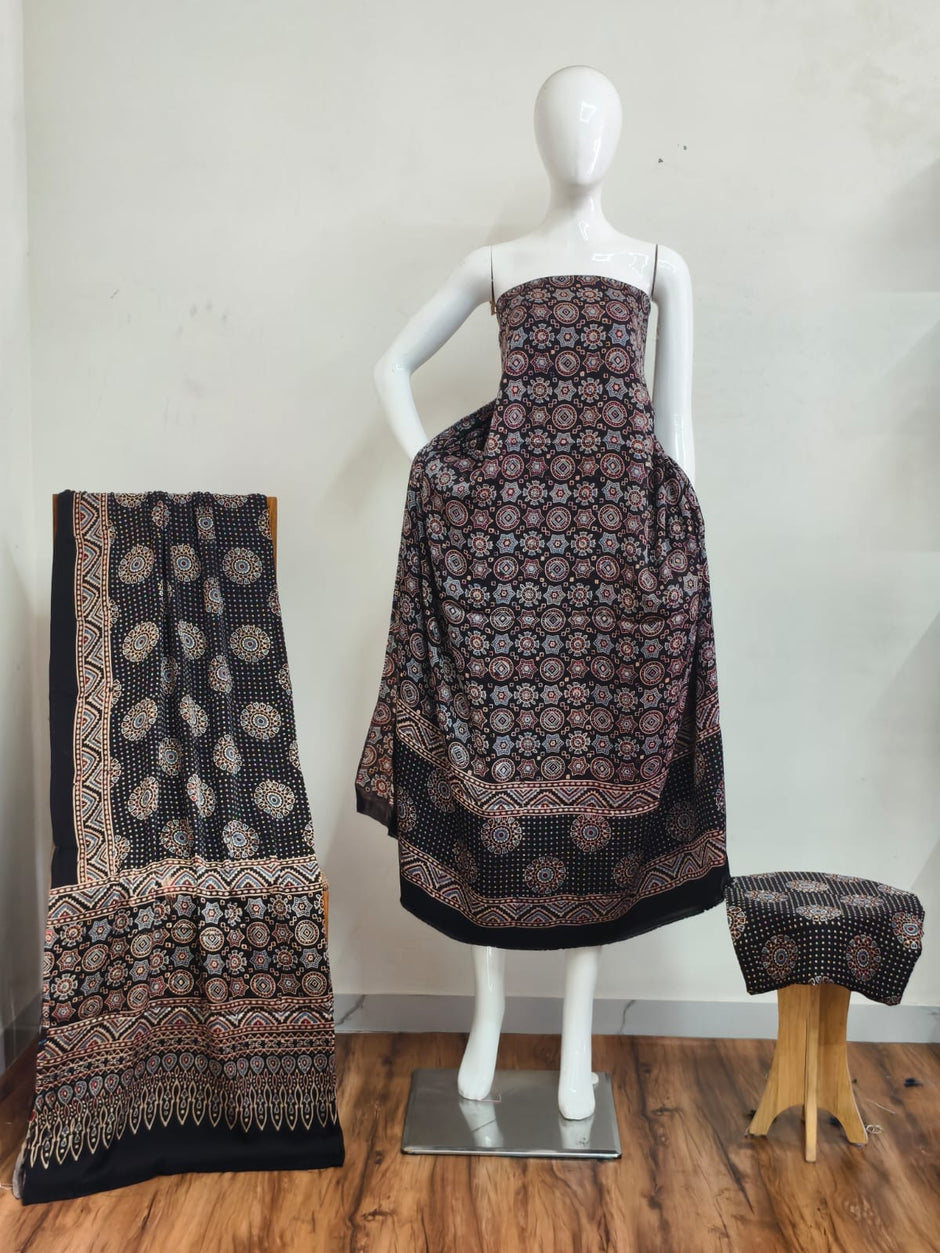 Havi Pure Modal Silk Ajrakh Natural Dye 3-Piece Suit 02 - The Ajrakh Studio