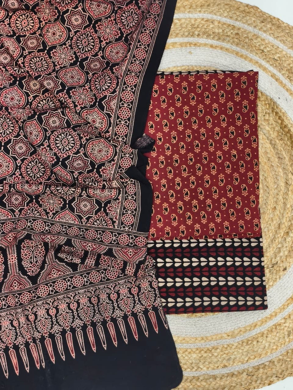 Pure Cotton Ajrakh Screen Print Natural Dye 3-Piece Suit 04 - The Ajrakh Studio