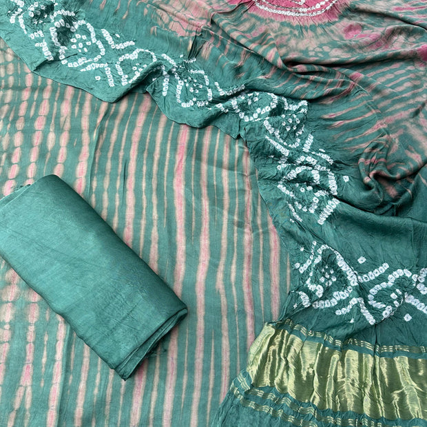 Green & pink Modal Silk Tie & Dye Bandhani Dupatta 3 Piece Suits