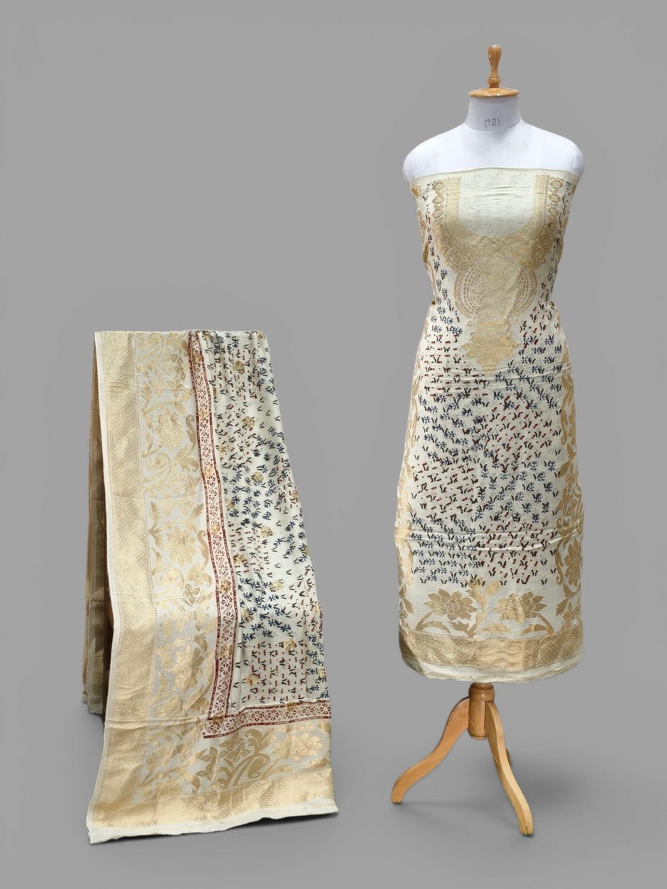 Premium Dola Silk Ajrakh Hand Block Print Natural Dye 2-Piece Suit with Zari Border Dupatta