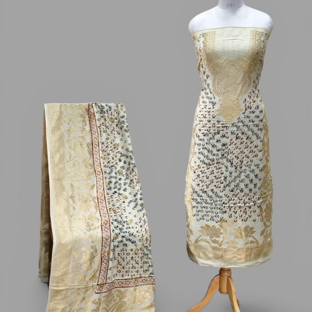 Premium Dola Silk Ajrakh Hand Block Print Natural Dye 2-Piece Suit with Zari Border Dupatta