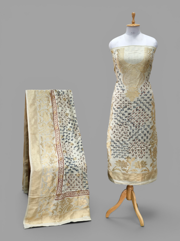 Premium Dola Silk Ajrakh Hand Block Print Natural Dye 2-Piece Suit with Zari Border Dupatta