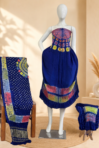 Premium Modal Silk Shibori & Bandhani 3 Piece Suit Set with Zari Pallu Dupatta | Women's Unstitched Dress Material
