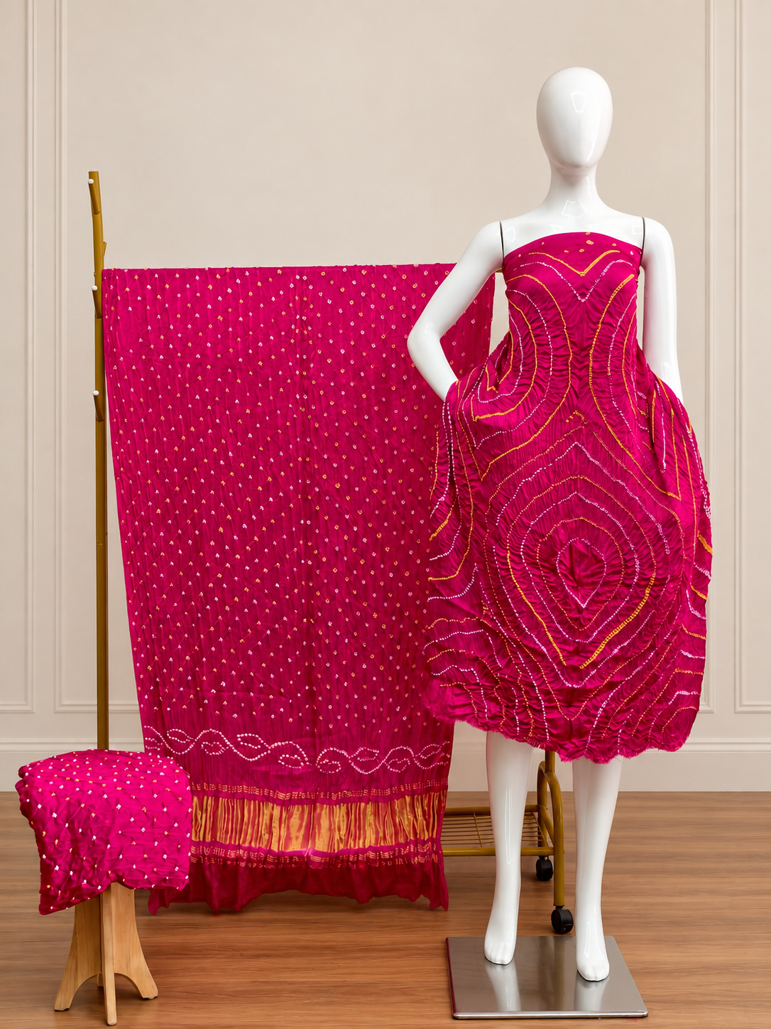 Premium Barik Bandhej Modal Silk 3-Piece Suit with Tissue Pallu - The Ajrakh Studio