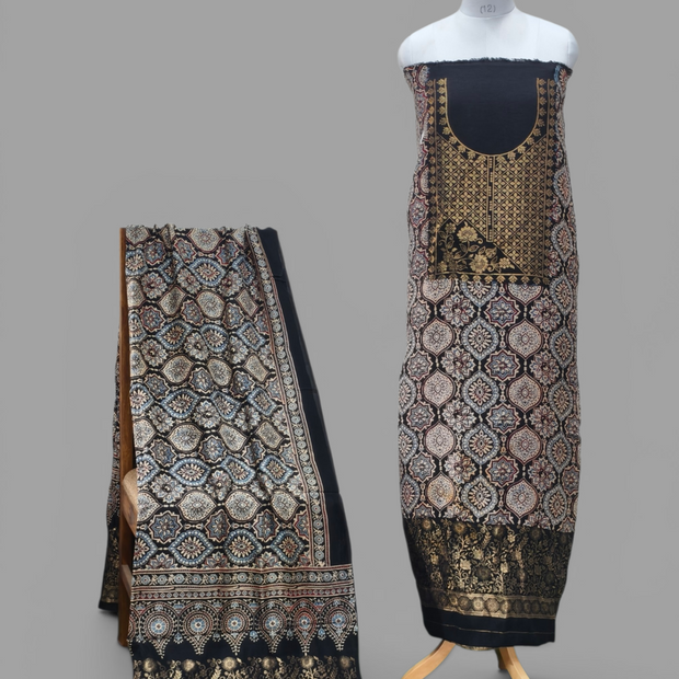 Premium Dola Silk Ajrakh Hand Block Print Natural Dye 2-Piece Suit with Zari Border Dupatta