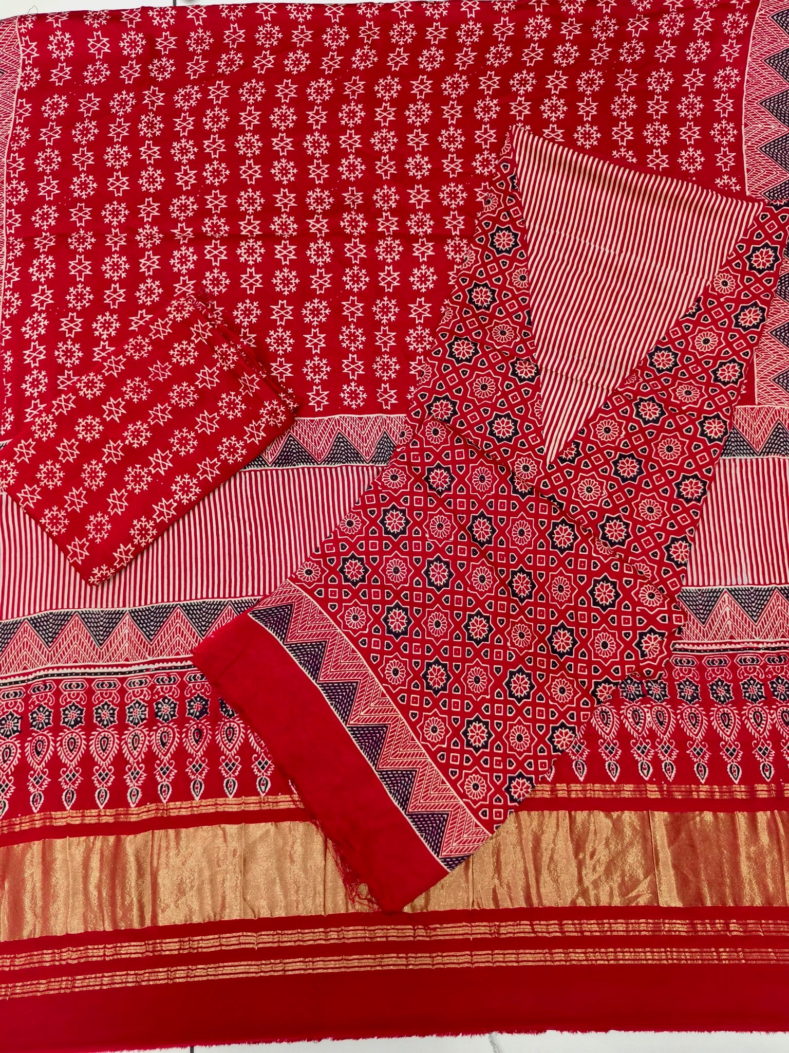 Premium Ajrakh Hand Block Print Modal Silk 3-Piece Suit Set with Zari Pallu Dupatta