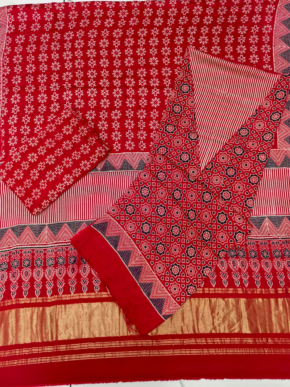 Premium Ajrakh Hand Block Print Modal Silk 3-Piece Suit Set with Zari Pallu Dupatta