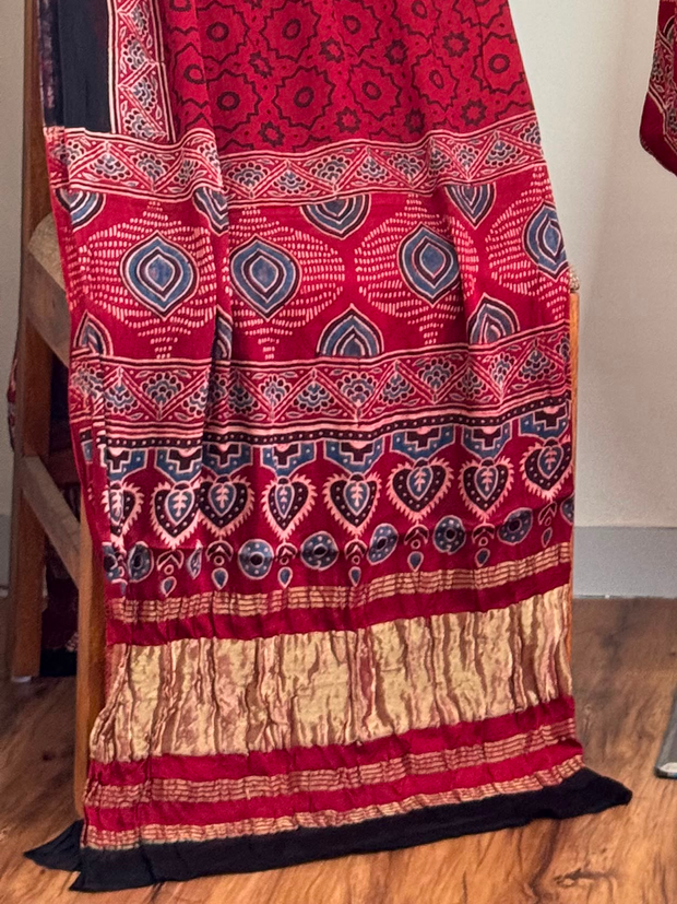 Ajrakh Hand Block Print Natural Dye Pure Modal Silk 3 Piece Suit with Zari Pallu Dupatta