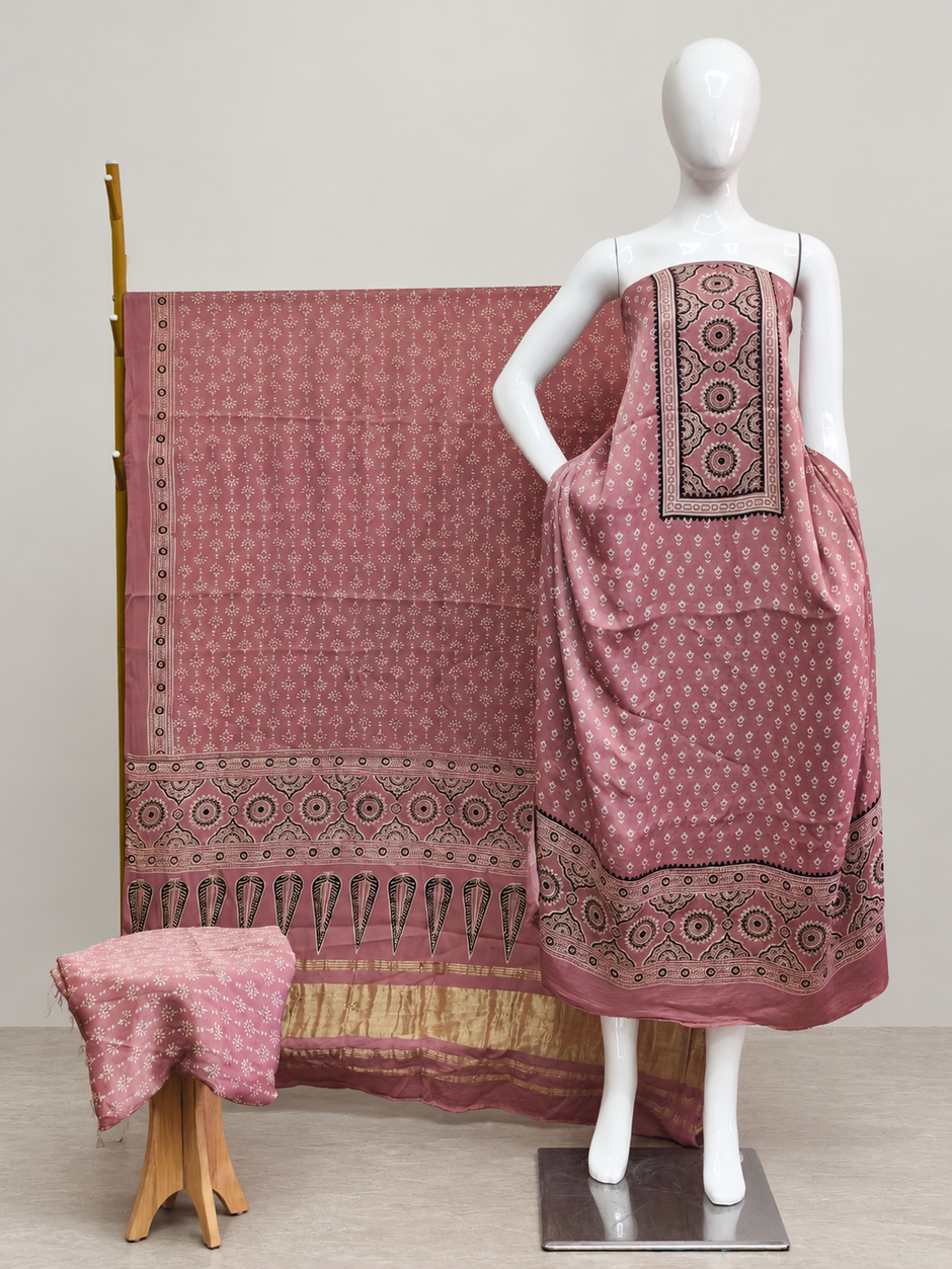 Havi Modal Silk Ajrakh Neptol Dye & Discharge Print Panel Design 3-Piece Suit - The Ajrakh Studio