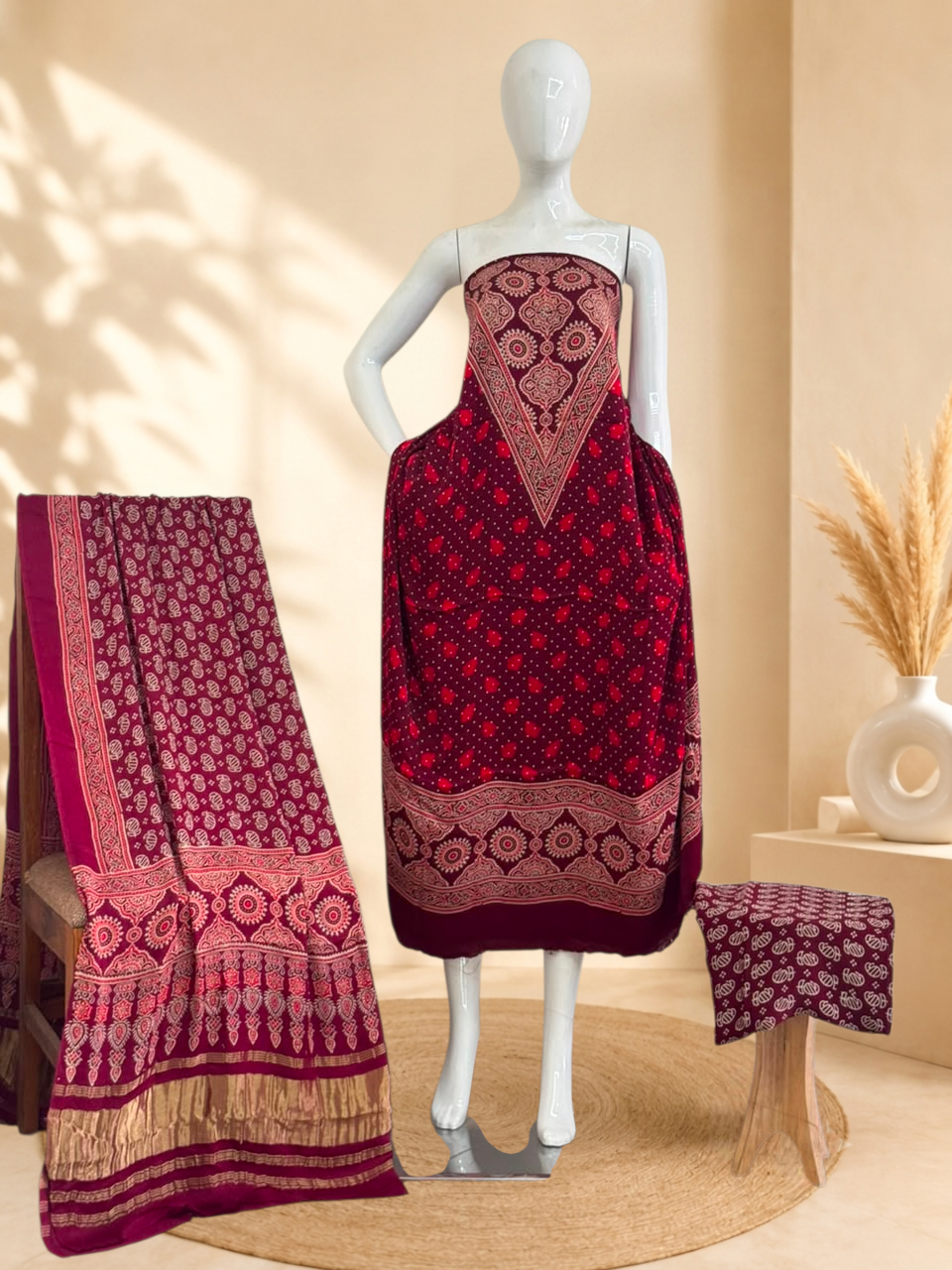 Premium Ajrakh Hand Block Print Modal Silk 3-Piece Suit Set with Zari Pallu Dupatta