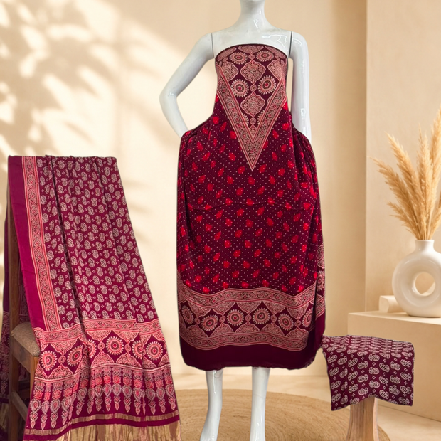 Premium Ajrakh Hand Block Print Modal Silk 3-Piece Suit Set with Zari Pallu Dupatta