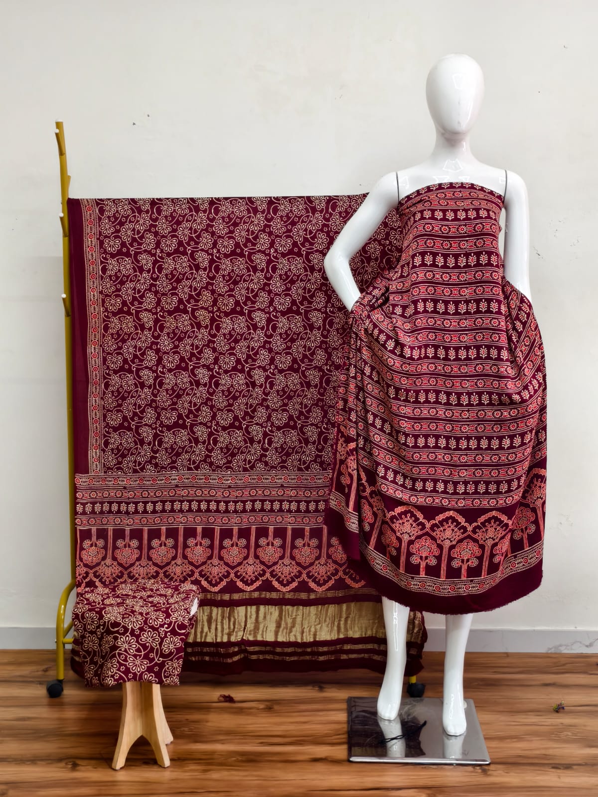 Havi Modal Silk Ajrakh Neptol Dye & Discharge Print Panel Design 3-Piece Suit - The Ajrakh Studio