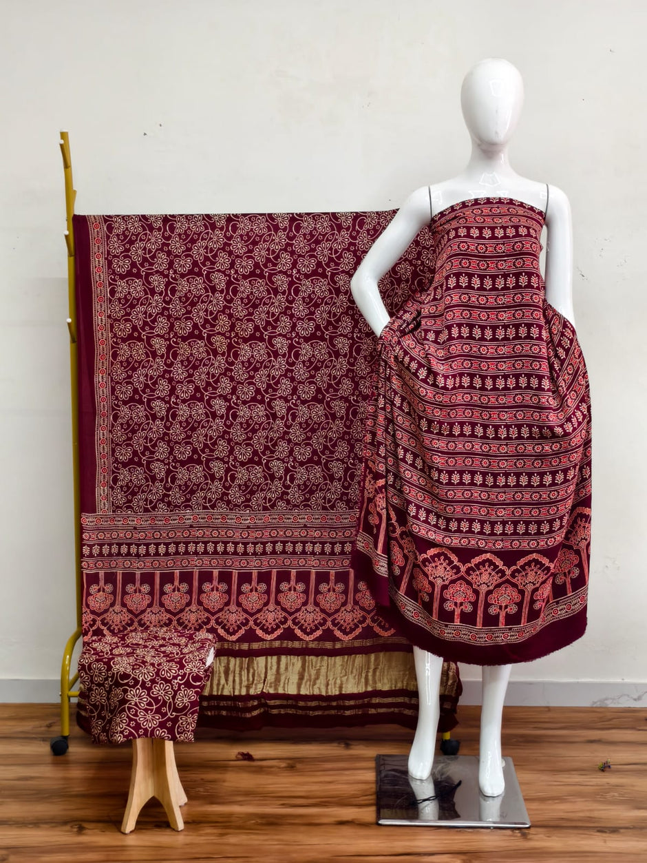 Havi Modal Silk Ajrakh Neptol Dye & Discharge Print Panel Design 3-Piece Suit - The Ajrakh Studio