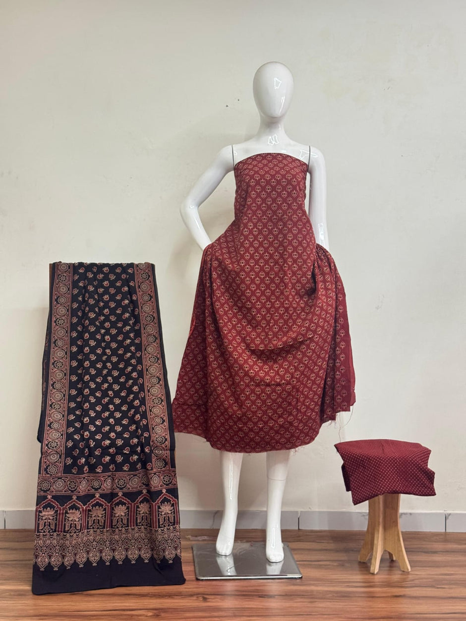 Pure Cotton Ajrakh Screen Print Natural Dye 3-Piece Suit 17 - The Ajrakh Studio