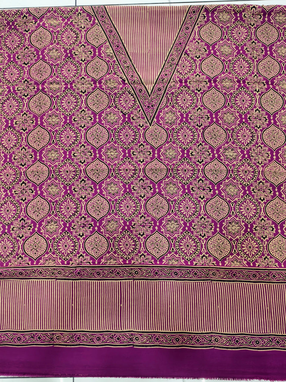 Premium Ajrakh Hand Block Print Modal Silk 3-Piece Suit Set with Zari Pallu Dupatta