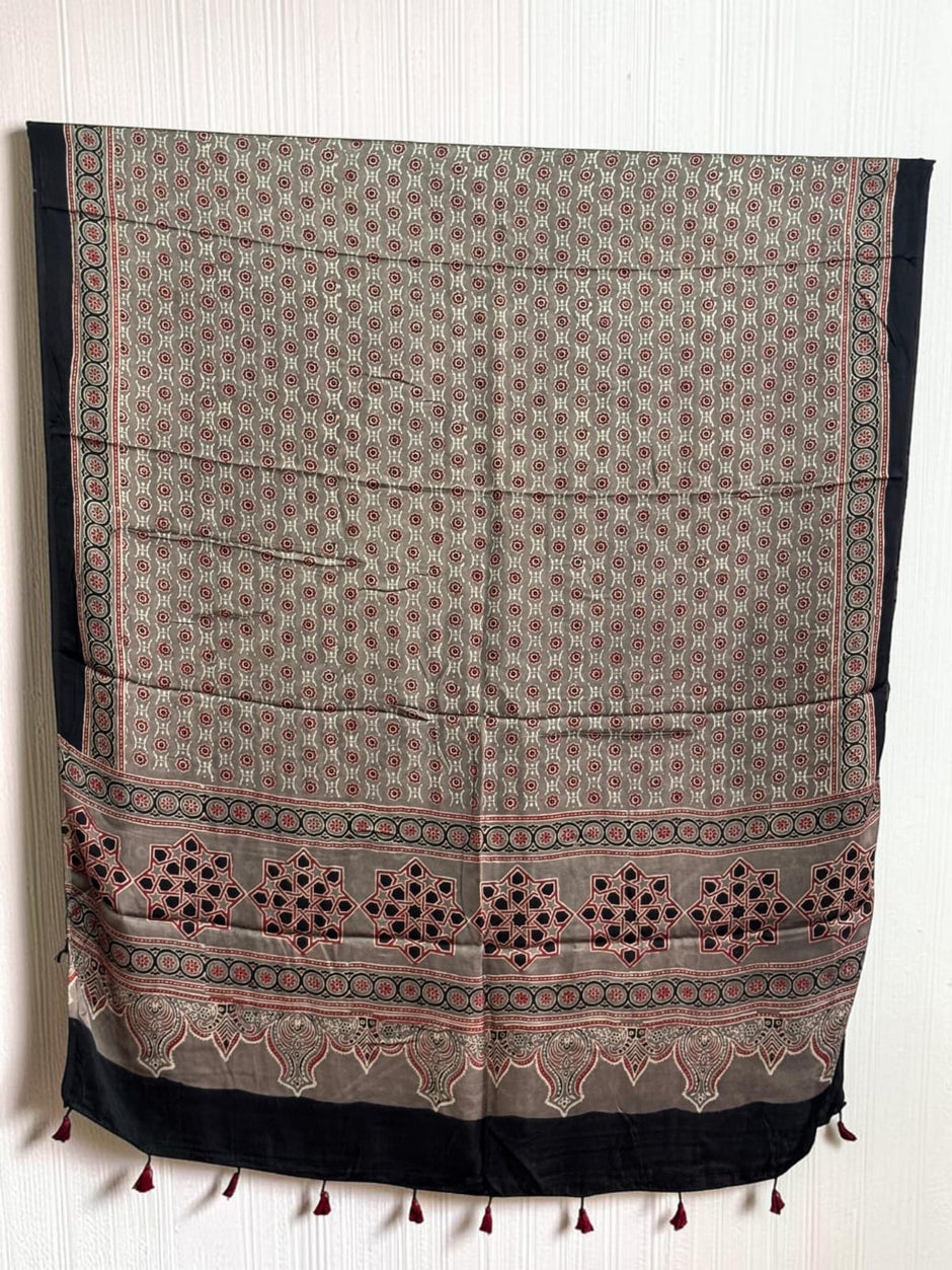 Ajrakh Modal Silk Natural Dye Dupatta with Tassels 08 - The Ajrakh Studio