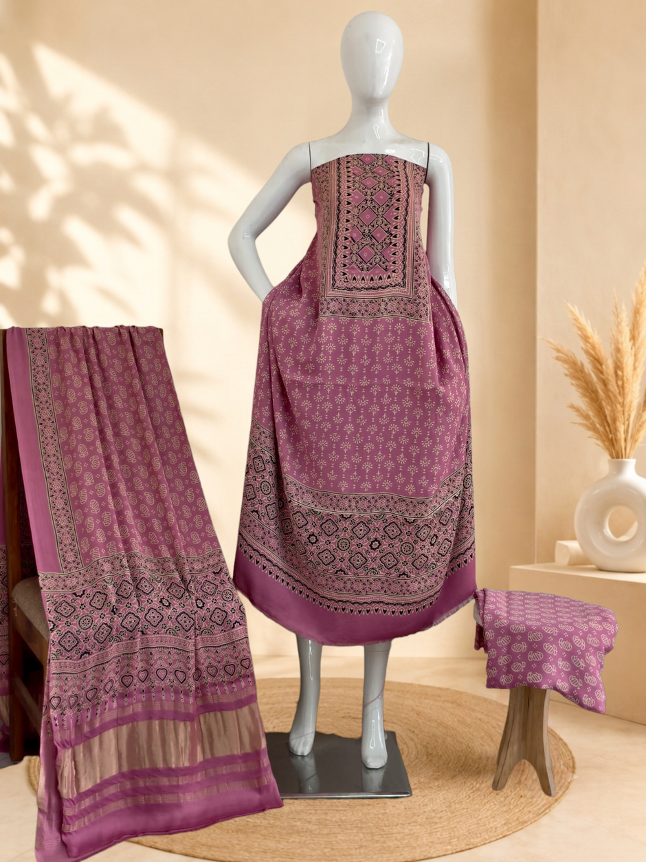 Premium Ajrakh Hand Block Print Modal Silk 3-Piece Suit Set with Zari Pallu Dupatta