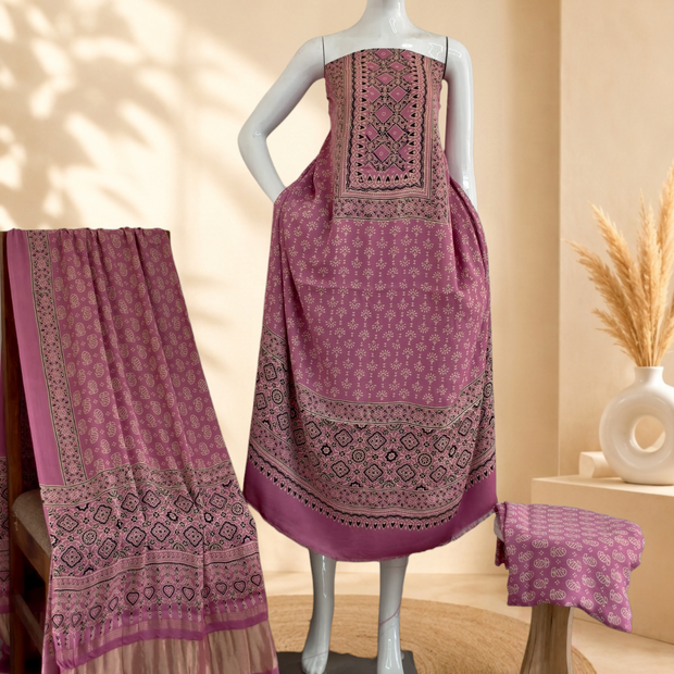 Premium Ajrakh Hand Block Print Modal Silk 3-Piece Suit Set with Zari Pallu Dupatta