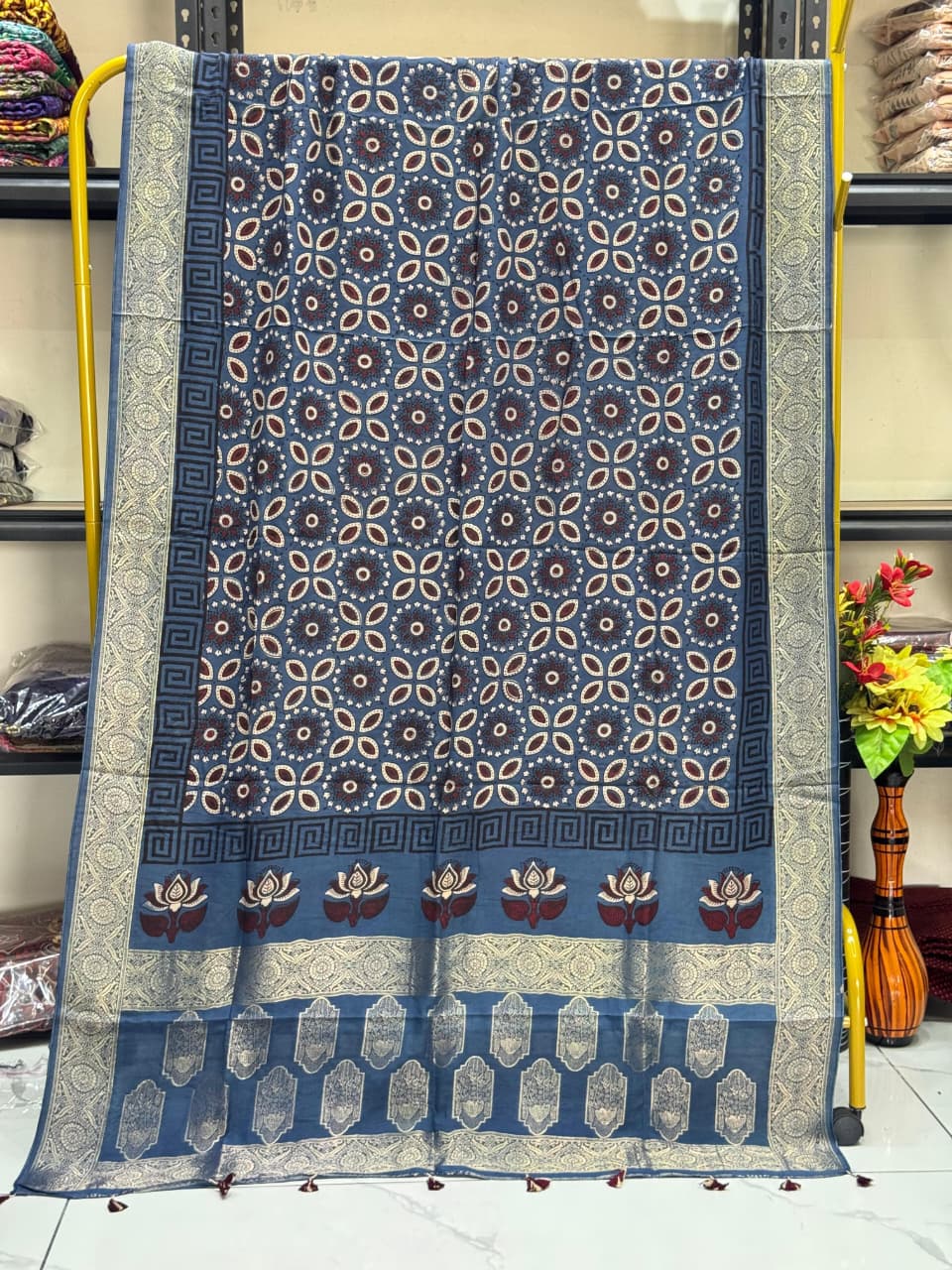 Dola Silk Ajrakh Hand Block Print Natural Dye Zari Pallu Dupatta 11 - The Ajrakh Studio