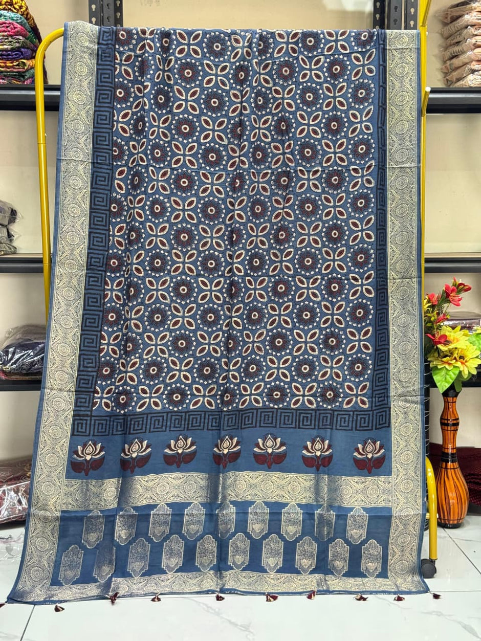Dola Silk Ajrakh Hand Block Print Natural Dye Zari Pallu Dupatta 11 - The Ajrakh Studio