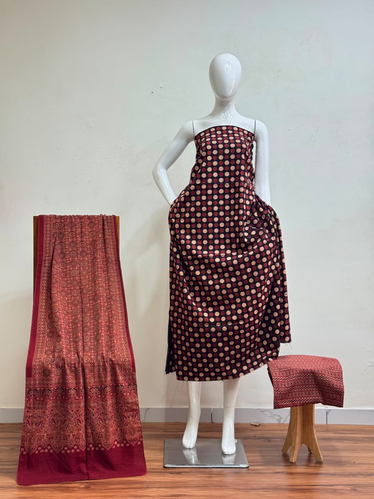 Pure Cotton Ajrakh Screen Print Natural Dye 3-Piece Suit 15 - The Ajrakh Studio