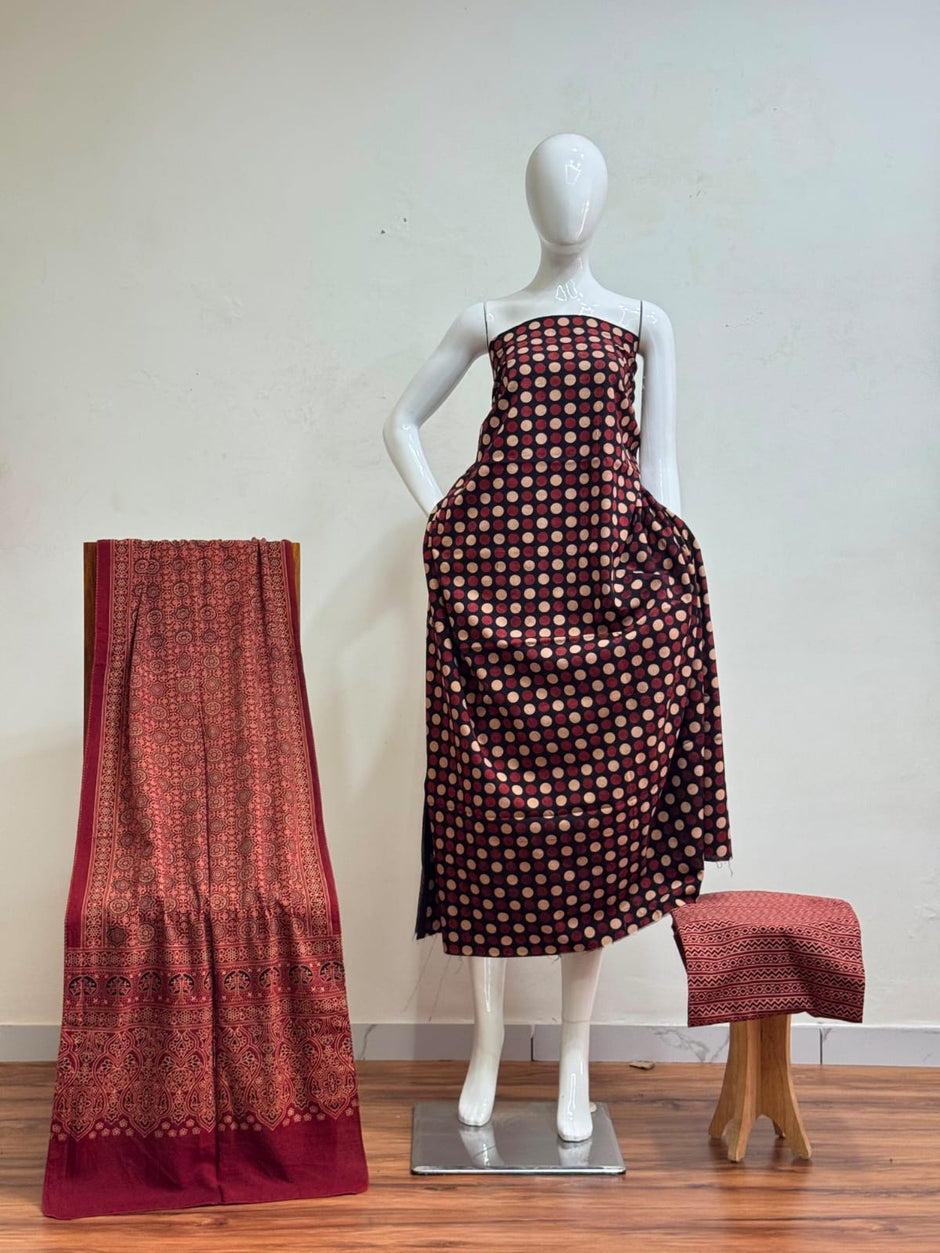 Pure Cotton Ajrakh Screen Print Natural Dye 3-Piece Suit 15 - The Ajrakh Studio