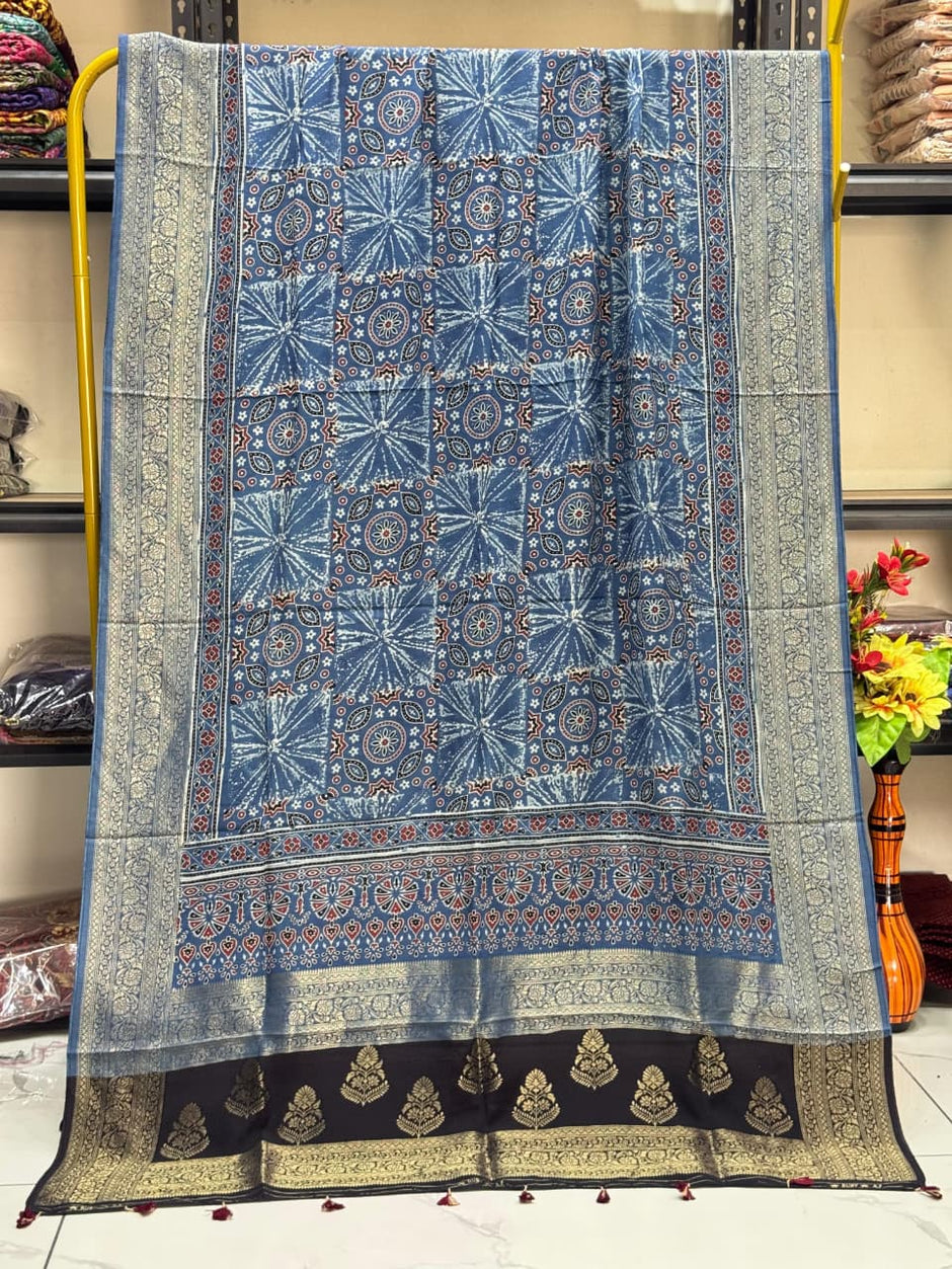Dola Silk Ajrakh Hand Block Print Natural Dye Zari Pallu Dupatta 15 - The Ajrakh Studio