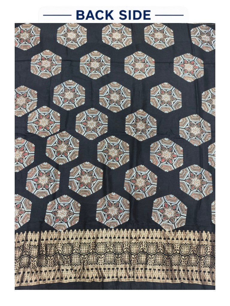 Premium Dola Silk Ajrakh Hand Block Print Natural Dye 2-Piece Suit with Zari Border Dupatta