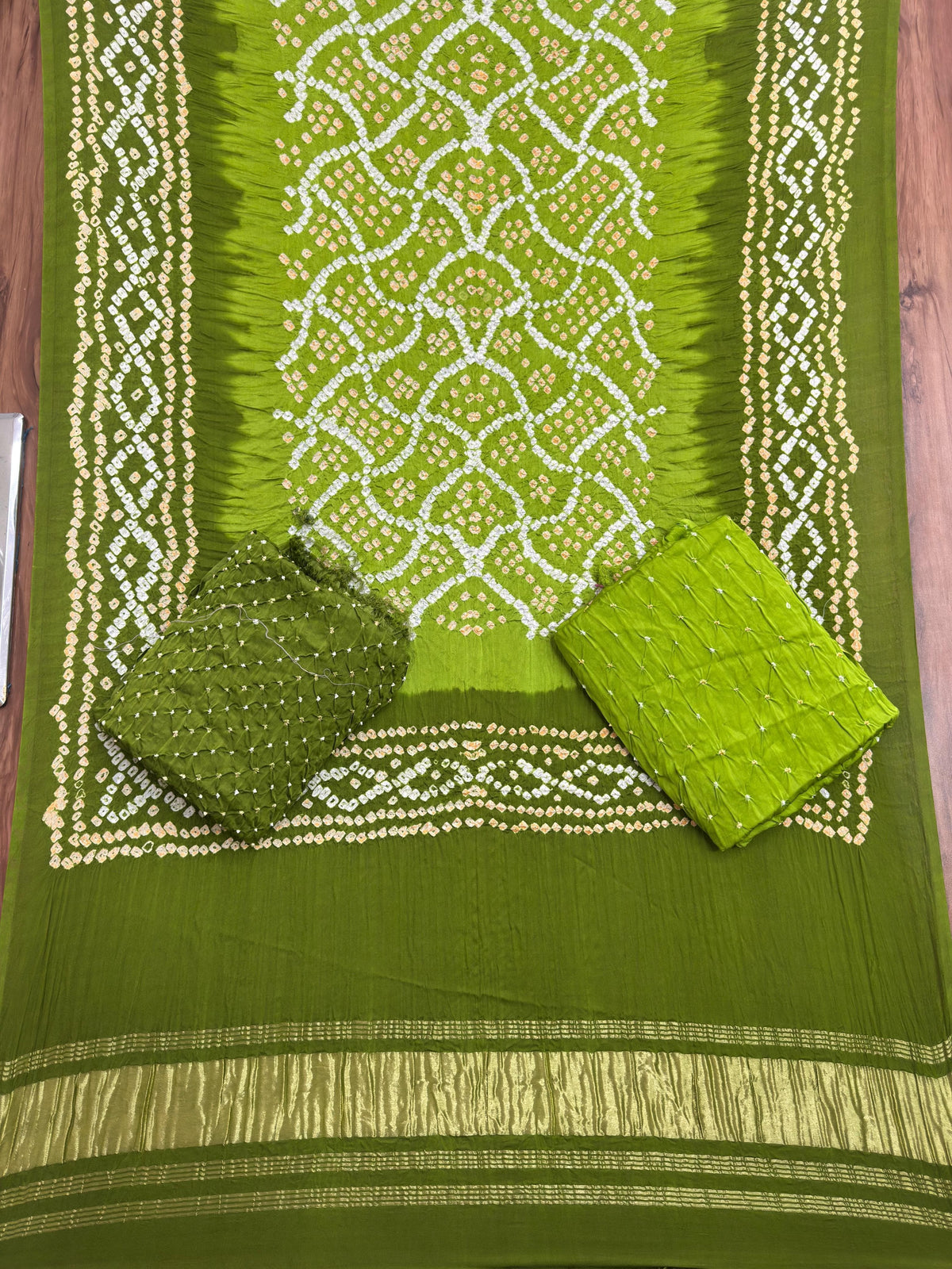 Premium Multi-Color Bandhej Zari Pallu 3-Piece Suit 08 - The Ajrakh Studio
