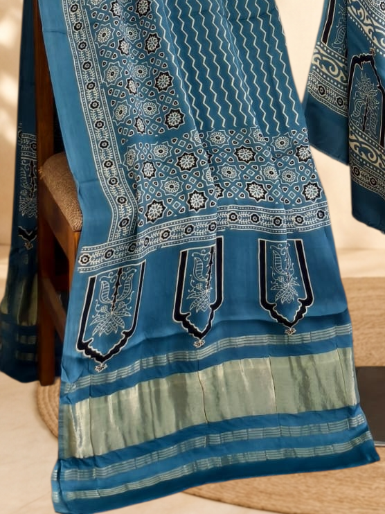 Premium Ajrakh Hand Block Print Modal Silk 3-Piece Suit Set with Zari Pallu Dupatta
