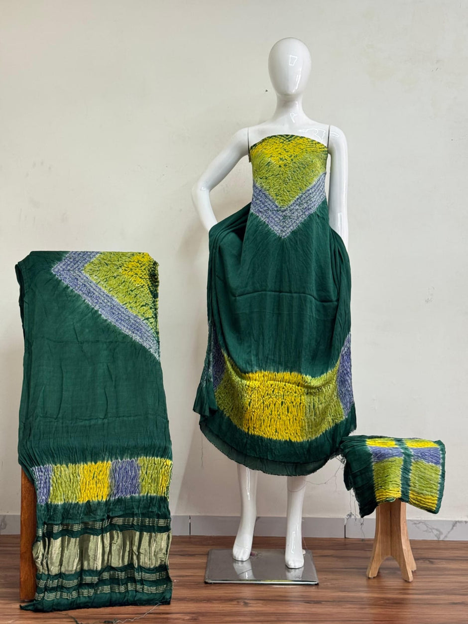 Modal Silk Multi Shibori Neck Daman Patta Zari Pallu Suit 01 - The Ajrakh Studio