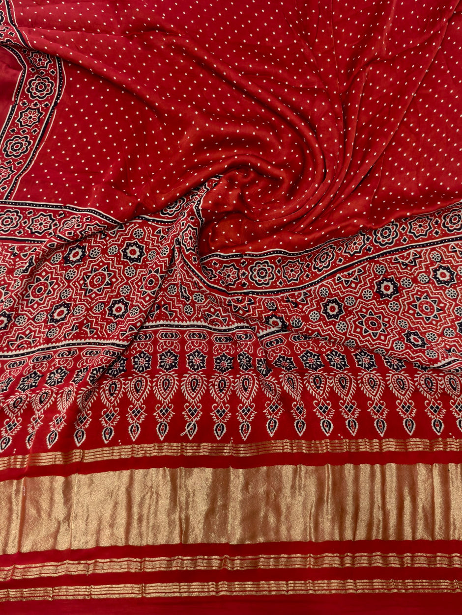 Premium Ajrakh Hand Block Print Modal Silk 3-Piece Suit Set with Zari Pallu Dupatta