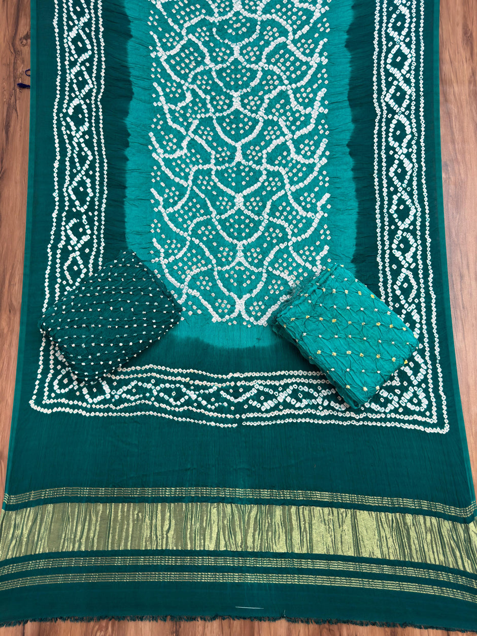 Premium Multi-Color Bandhej Zari Pallu 3-Piece Suit 04 - The Ajrakh Studio
