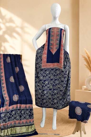 Premium Ajrakh Hand Block Print Modal Silk 3-Piece Suit Set with Zari Pallu Dupatta