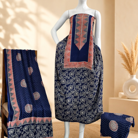 Premium Ajrakh Hand Block Print Modal Silk 3-Piece Suit Set with Zari Pallu Dupatta