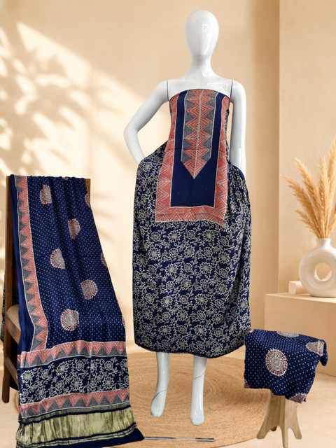 Premium Ajrakh Hand Block Print Modal Silk 3-Piece Suit Set with Zari Pallu Dupatta