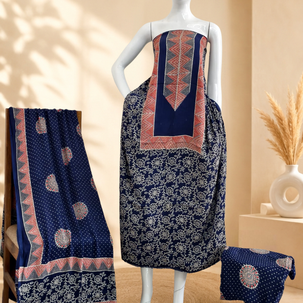 Premium Ajrakh Hand Block Print Modal Silk 3-Piece Suit Set with Zari Pallu Dupatta