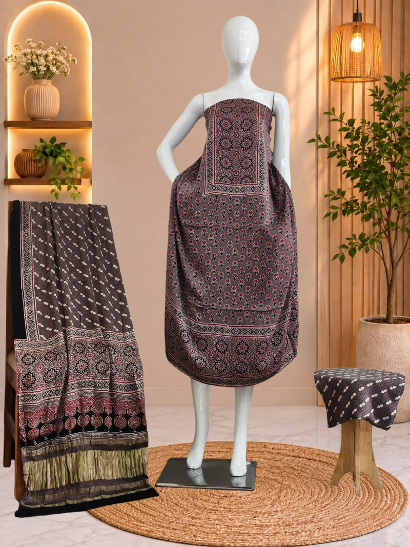 Ajrakh Hand Block Print Natural Dye Pure Modal Silk 3 Piece Suit with Zari Pallu Dupatta