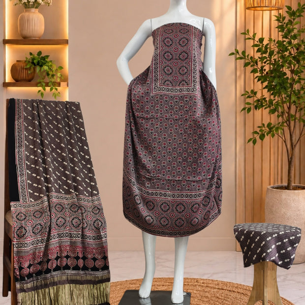 Ajrakh Hand Block Print Natural Dye Pure Modal Silk 3 Piece Suit with Zari Pallu Dupatta