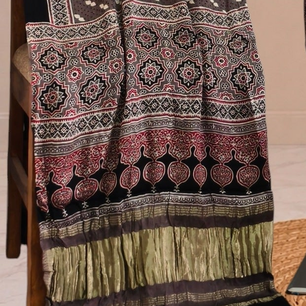 Ajrakh Hand Block Print Natural Dye Pure Modal Silk 3 Piece Suit with Zari Pallu Dupatta