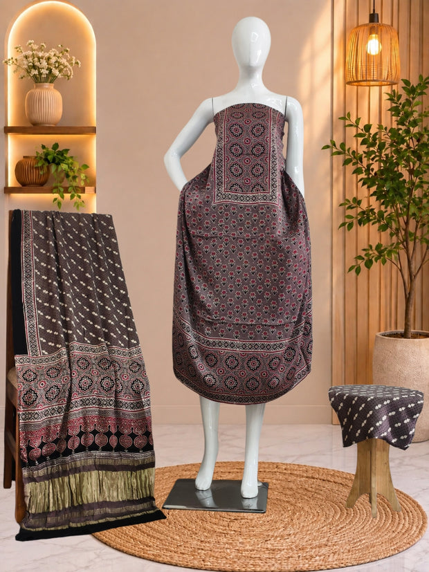 Ajrakh Hand Block Print Natural Dye Pure Modal Silk 3 Piece Suit with Zari Pallu Dupatta