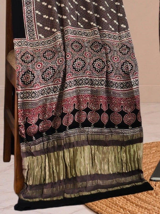 Ajrakh Hand Block Print Natural Dye Pure Modal Silk 3 Piece Suit with Zari Pallu Dupatta