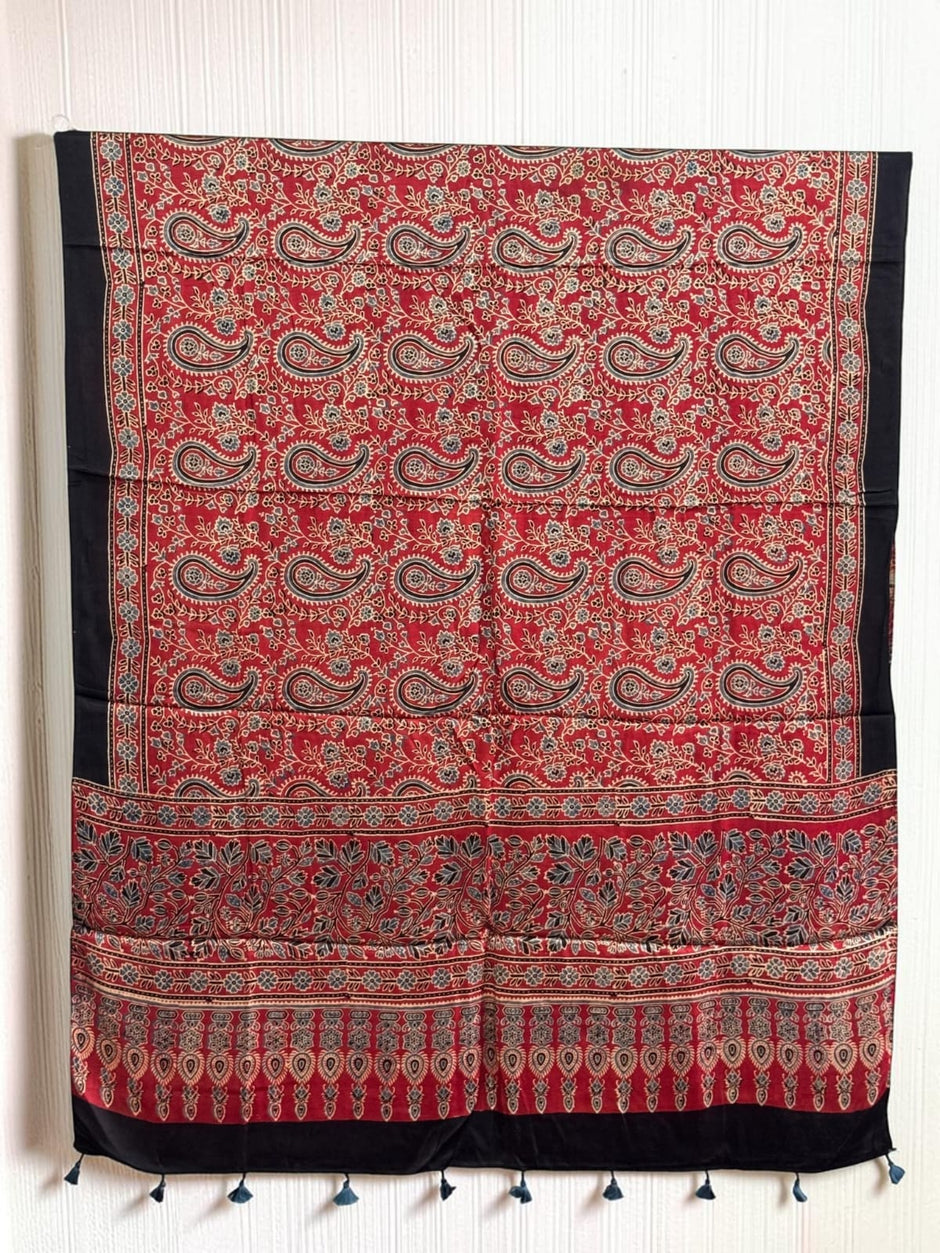 Ajrakh Modal Silk Natural Dye Dupatta with Tassels 25 - The Ajrakh Studio