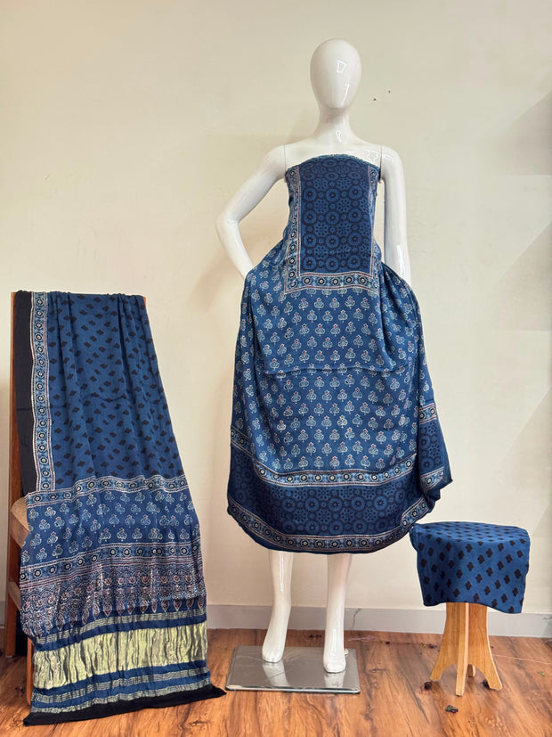 Ajrakh Hand Block Print Natural Dye Pure Modal Silk 3 Piece Suit with Zari Pallu Dupatta