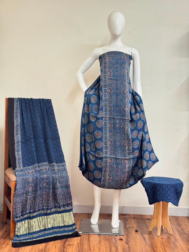 Ajrakh Hand Block Print Natural Dye Pure Modal Silk 3 Piece Suit with Zari Pallu Dupatta