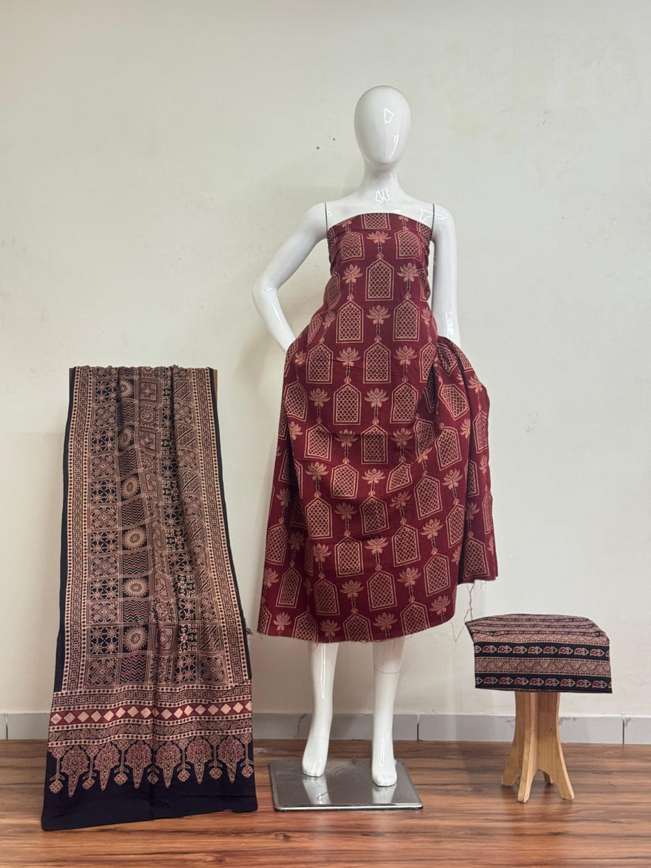 Pure Cotton Ajrakh Screen Print Natural Dye 3-Piece Suit 18 - The Ajrakh Studio