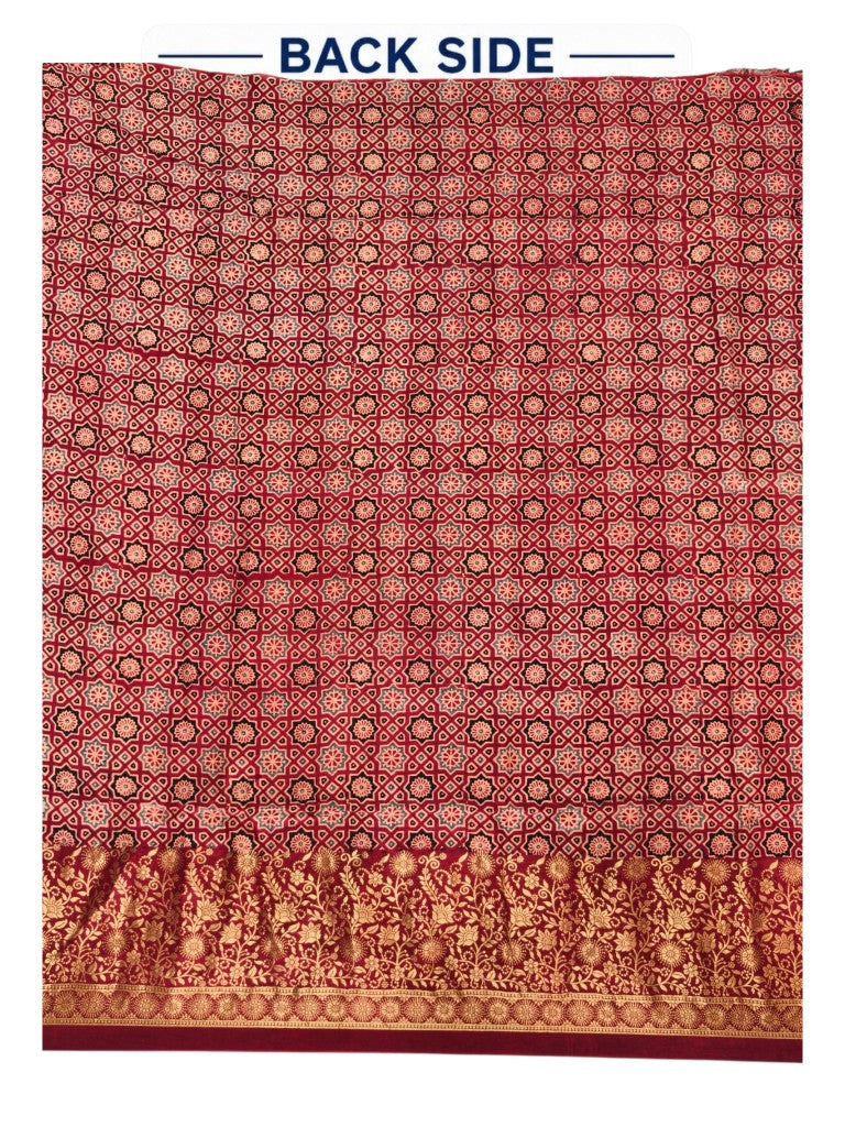 Premium Dola Silk Ajrakh Hand Block Print Natural Dye 2-Piece Suit with Zari Border Dupatta