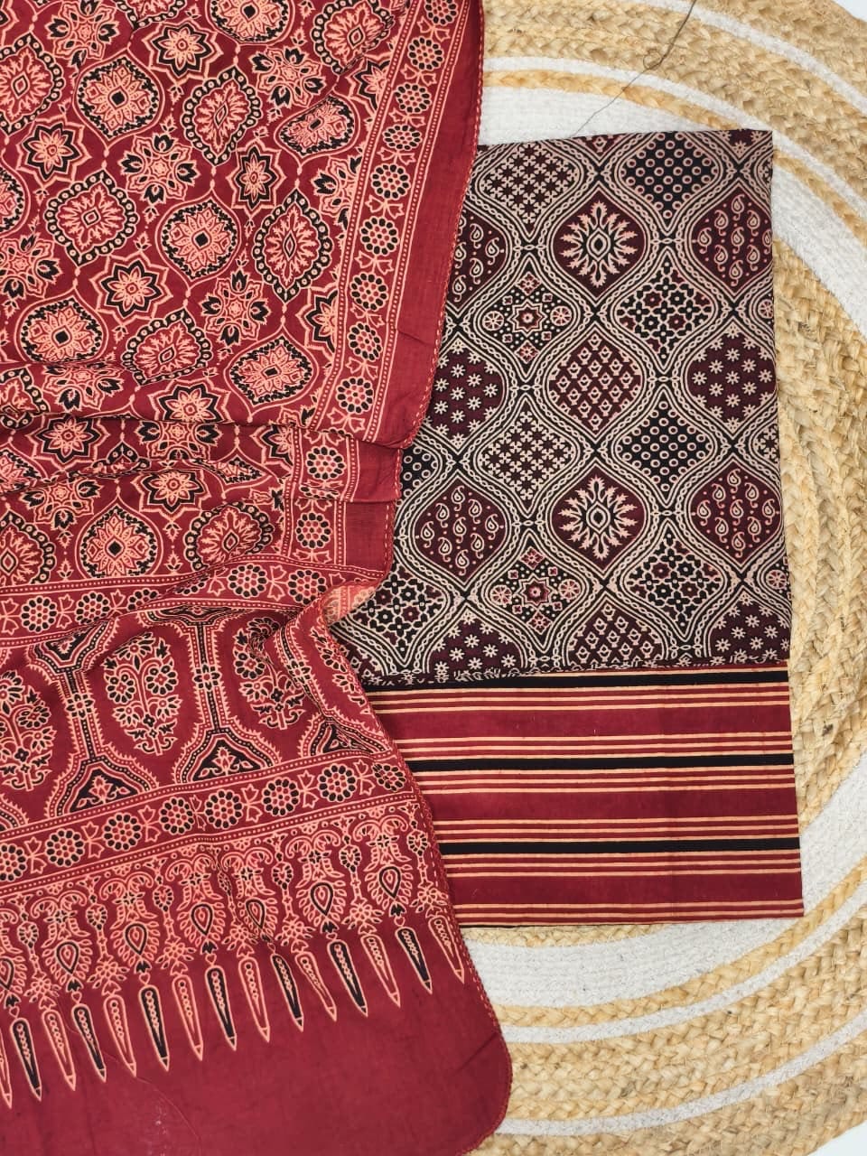 Pure Cotton Ajrakh Screen Print Natural Dye 3-Piece Suit 11 - The Ajrakh Studio